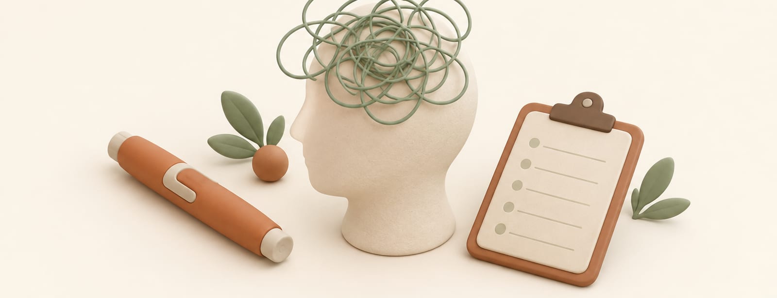 Clay head with swirling thought shapes near it, next to an injection pen and a five-line rating card.