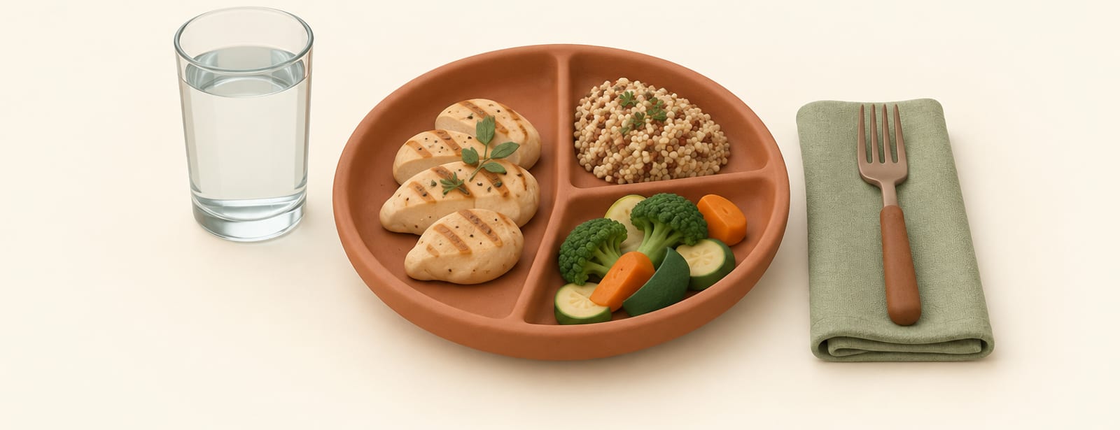 Isometric clay scene of a portioned dinner plate with protein and vegetables beside a glass of water and a fork.