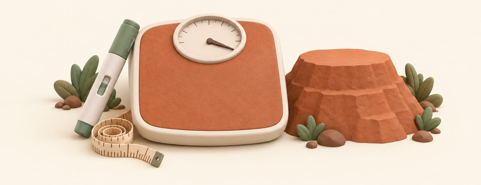Bathroom scale beside a flat clay plateau shape, an injection pen, and a coiled tape measure.