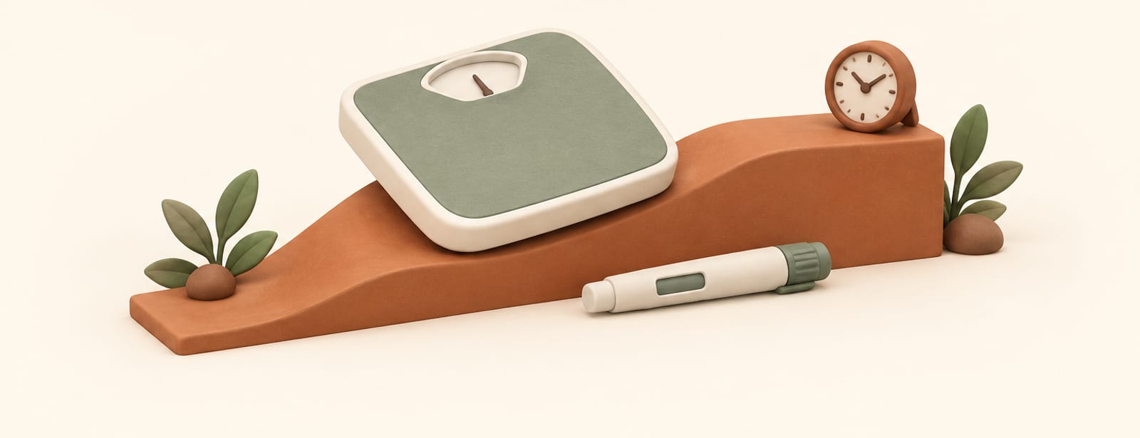 Bathroom scale on a rising then flattening clay ramp with an injection pen and small clock beside it.