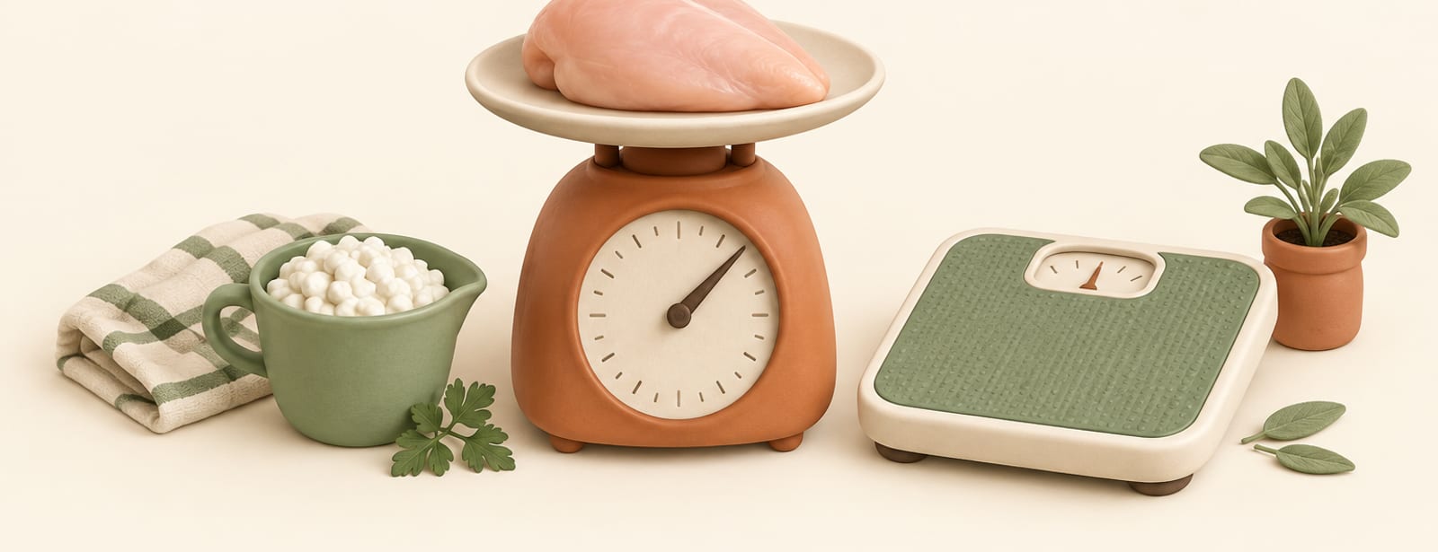 Isometric clay still life of a kitchen scale weighing a chicken breast beside a bathroom scale and a cup of cottage cheese