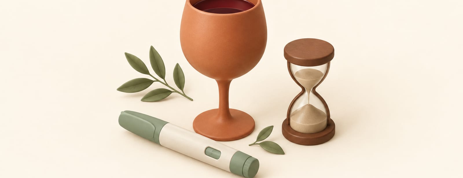 Clay-style still life of a wine glass beside an injection pen and a small hourglass on a cream surface.