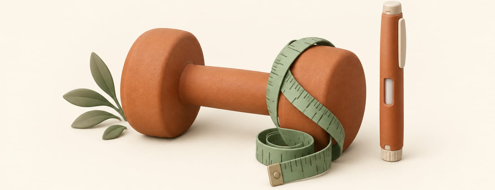 Isometric clay scene of a dumbbell with a tape measure and an injection pen, representing muscle loss on semaglutide.