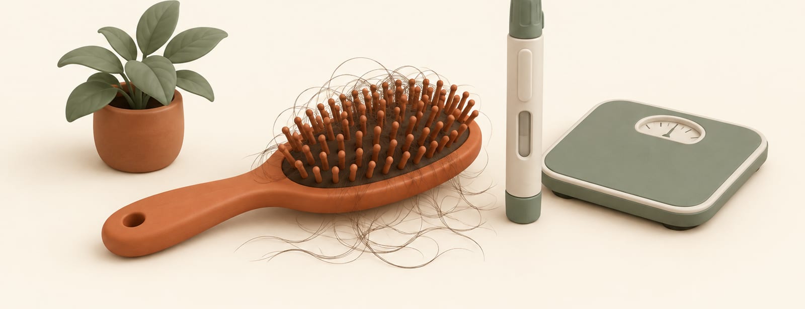 Isometric clay still life of a hairbrush with loose strands beside an injection pen and a small scale.
