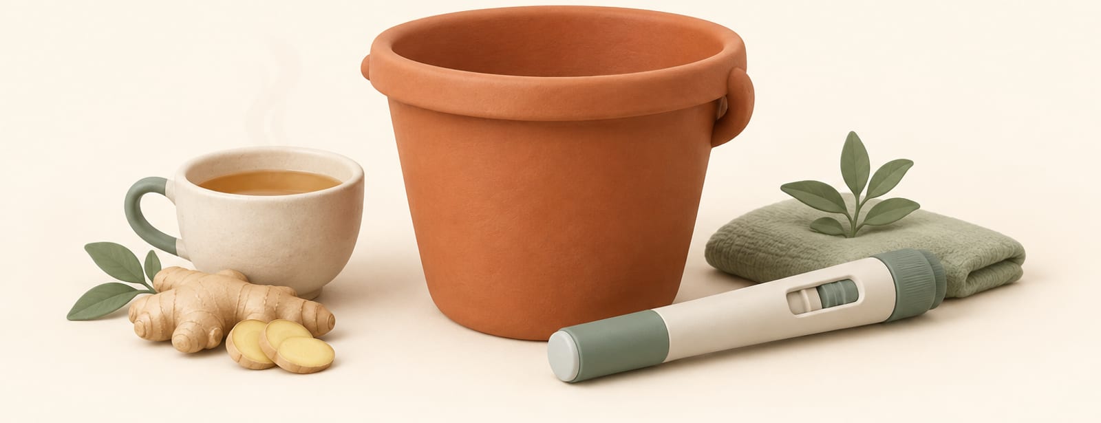 Isometric clay scene of a nausea bowl, ginger tea cup, and injection pen with dose window, in cream, terracotta and sage.