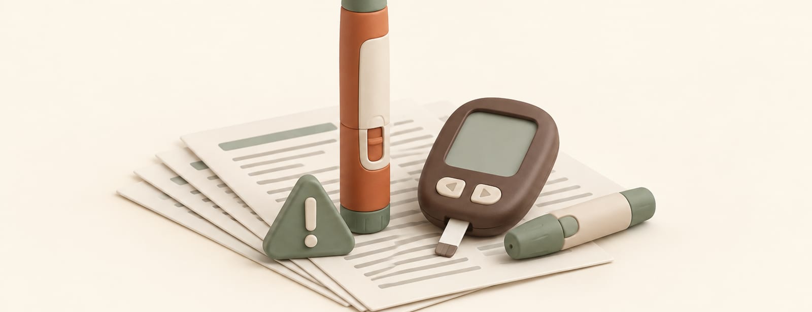 Isometric clay still life of an injection pen, glucose meter and warning triangle representing a drug label's side effects