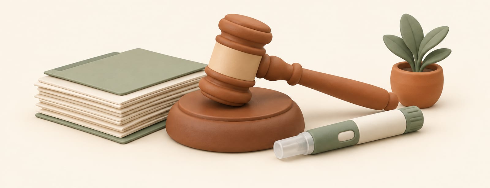 Isometric clay still life of a gavel, a document stack, and an injection pen in cream, terracotta and sage tones.