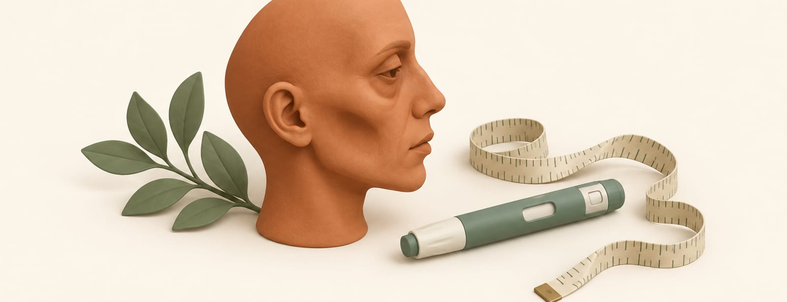 Clay profile of a hollow-cheeked face beside a weight-loss injection pen and a measuring tape.