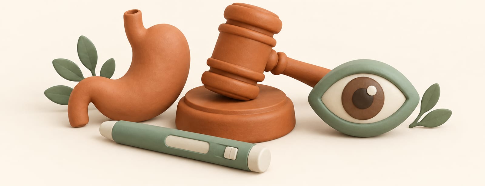 Isometric clay scene of a gavel beside a stomach shape, an eye shape, and an injection pen on cream ground.