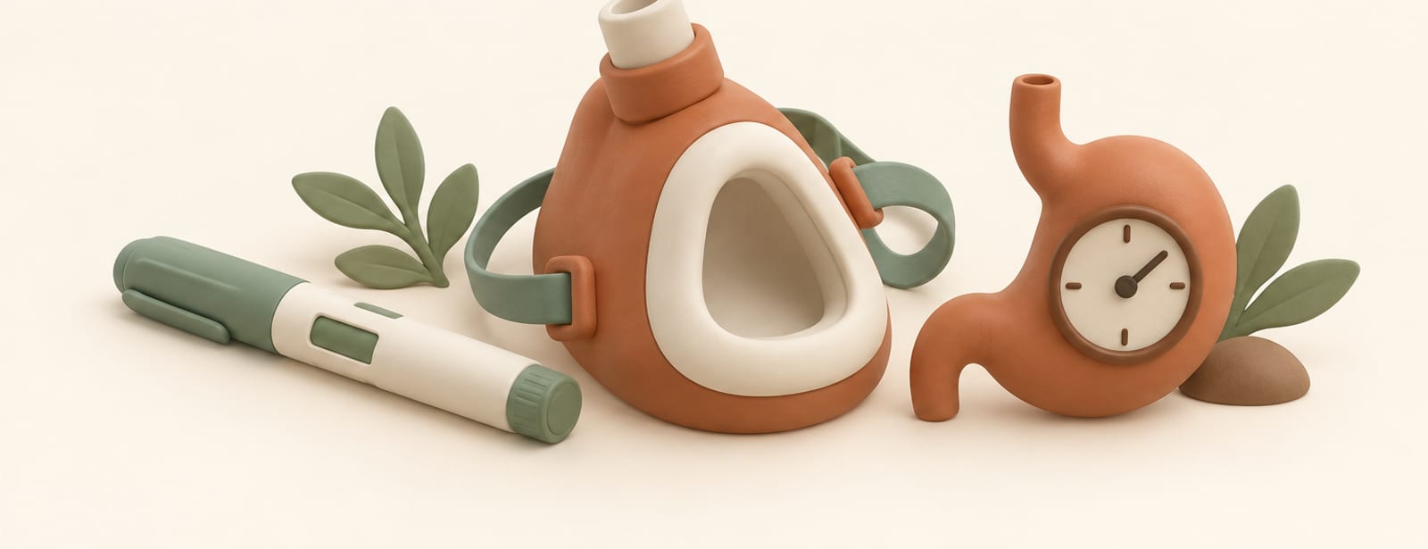 Isometric clay scene of an anesthesia mask, an injection pen, and a stomach shape with a clock, symbolizing surgery timing.
