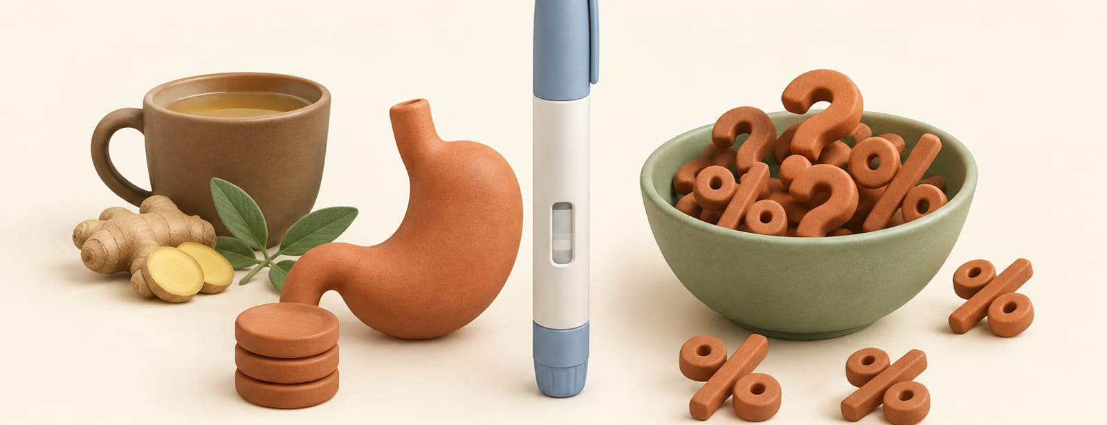 Isometric clay scene of an injection pen, a stomach shape, tablets, and scattered percentage marks beside tea.