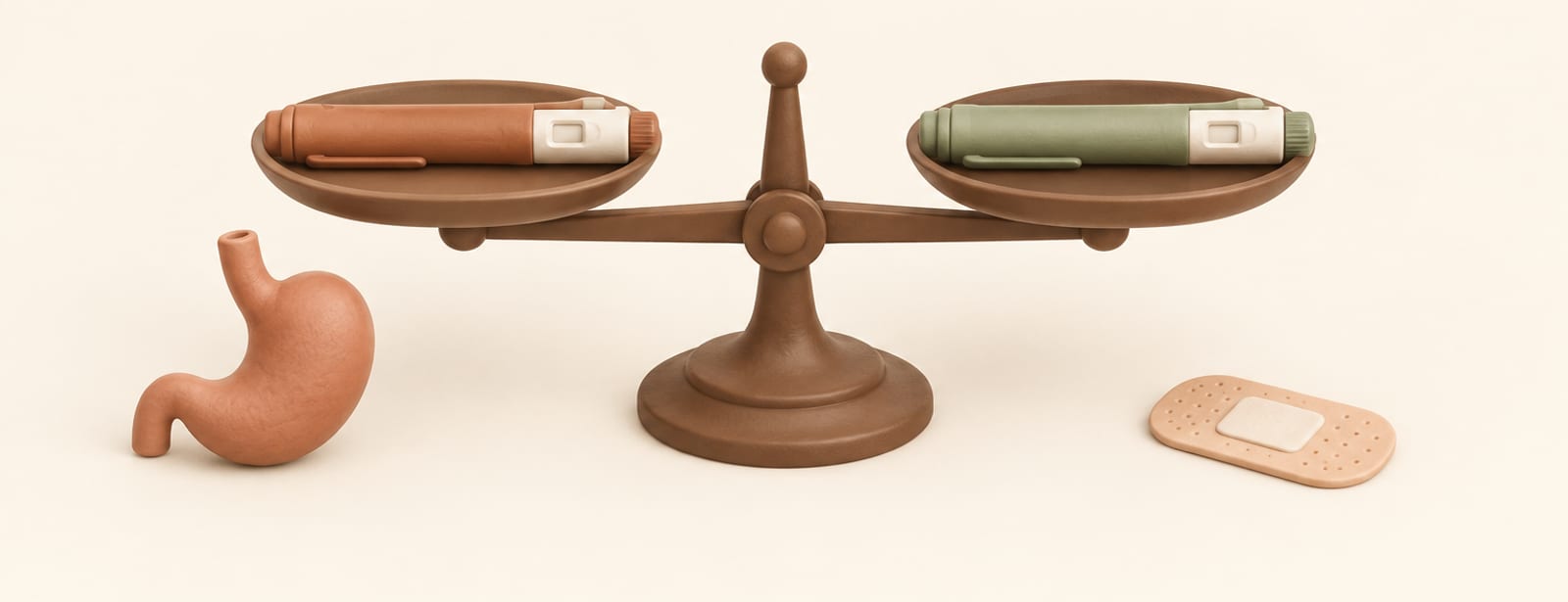 Isometric clay scene of two injection pens balanced on a scale beside a stomach shape and a bandage patch.