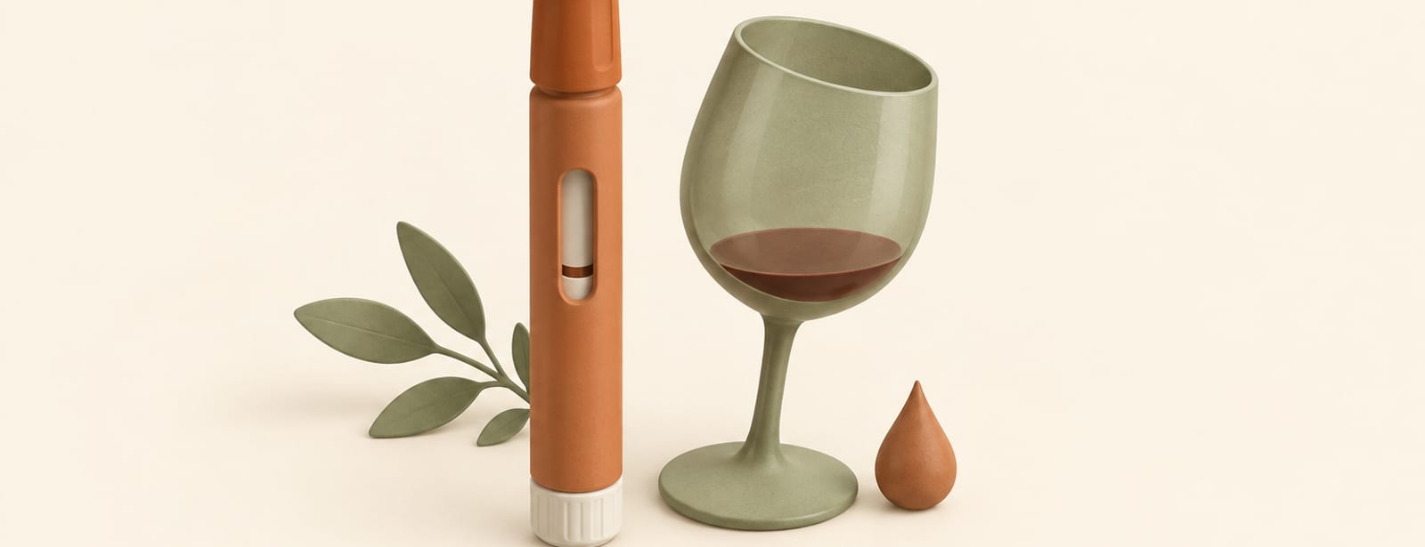 Clay-style still life of an injection pen beside a wine glass and a small water droplet shape