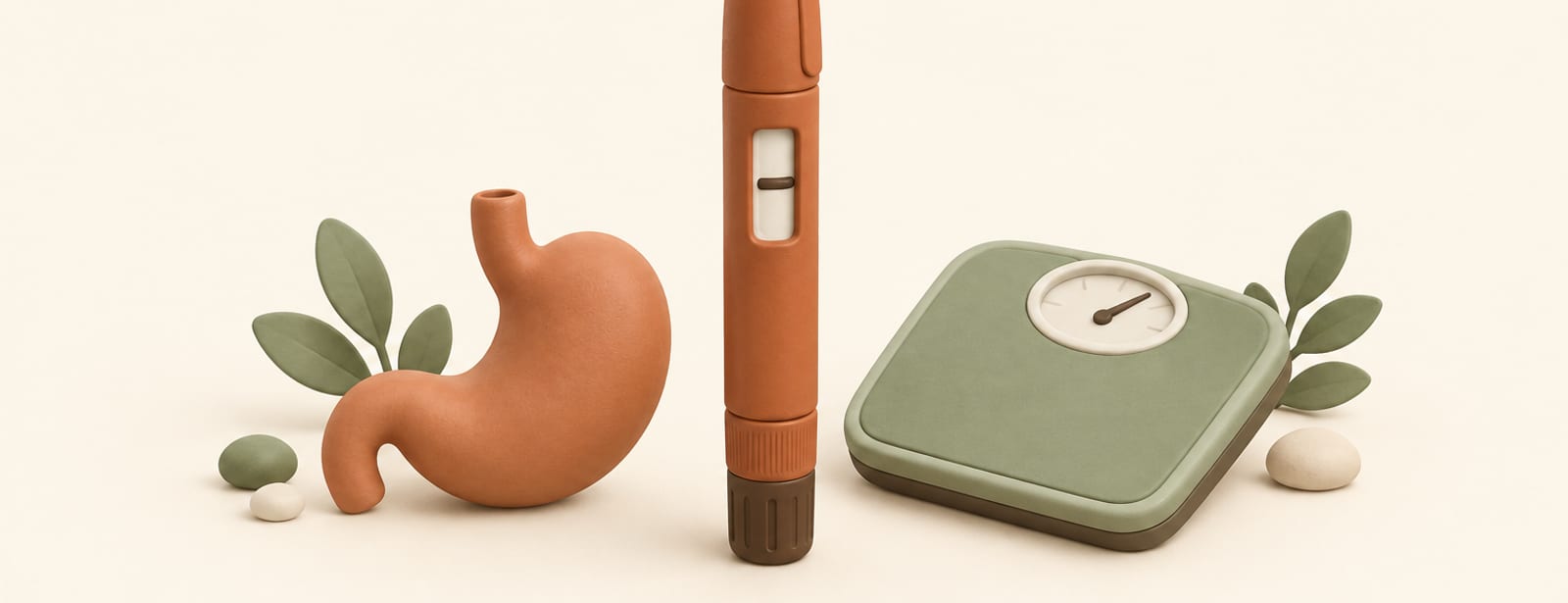Isometric clay still life of a weight-loss injection pen beside a stomach shape and a bathroom scale