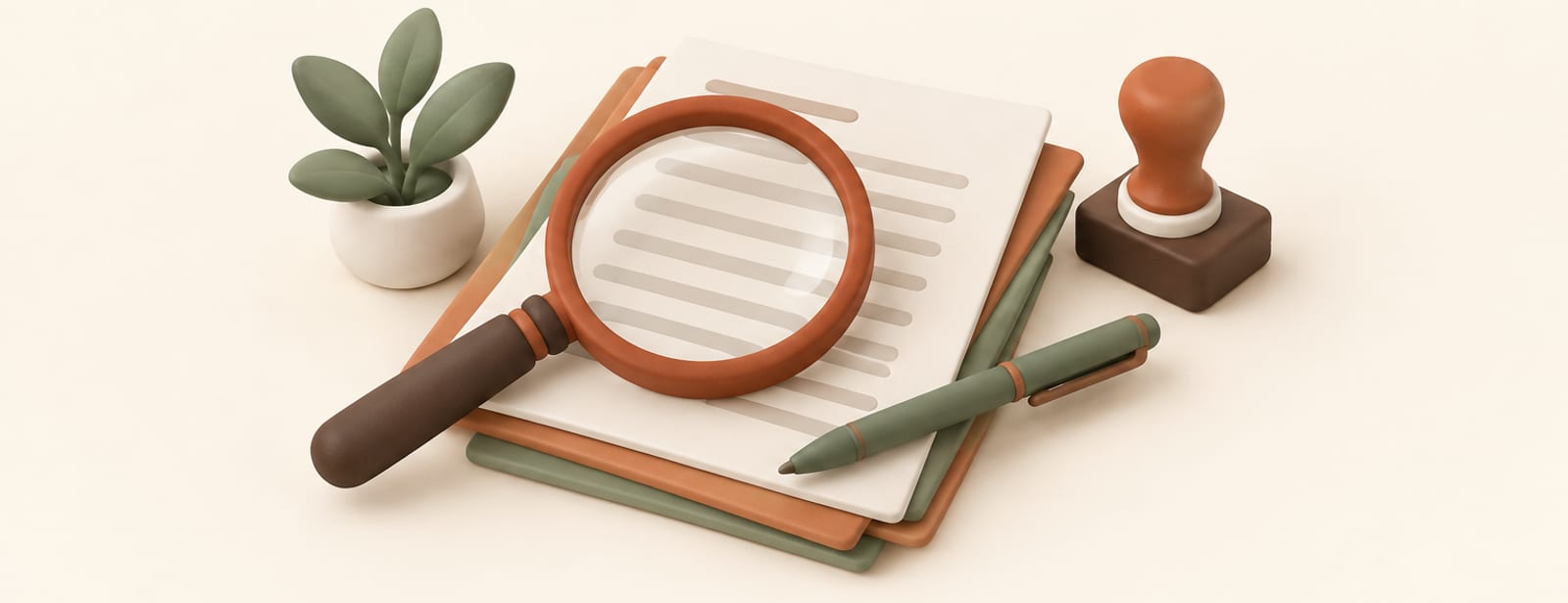 Isometric clay still life of a magnifying glass over documents with a rubber stamp and pen, symbolizing editorial review.