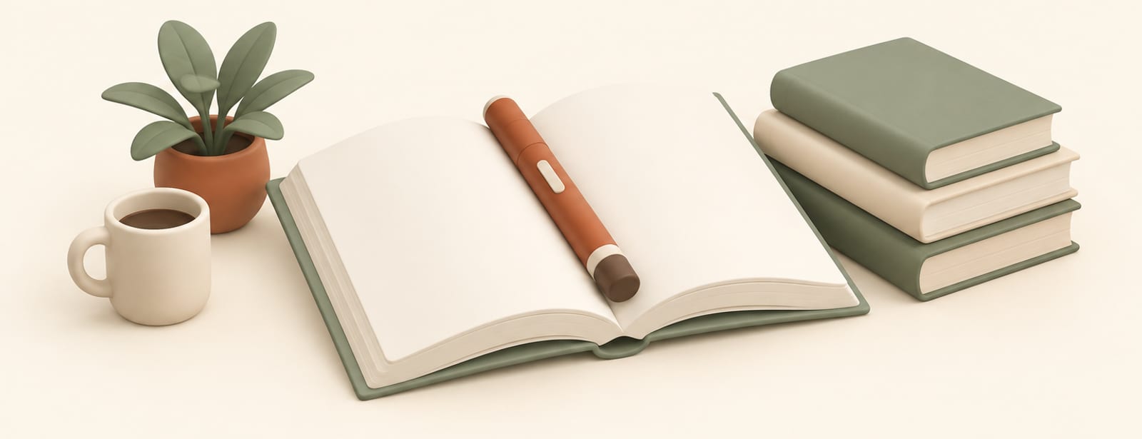Isometric clay scene of an open book with an injection pen used as a bookmark, beside stacked books.