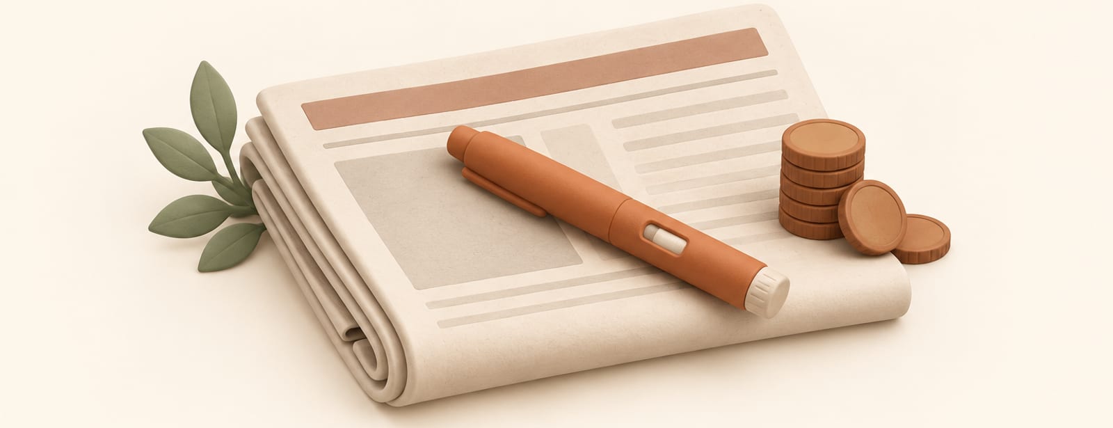 Clay illustration of a folded newspaper with an injection pen and coins beside it, symbolizing GLP-1 news updates.