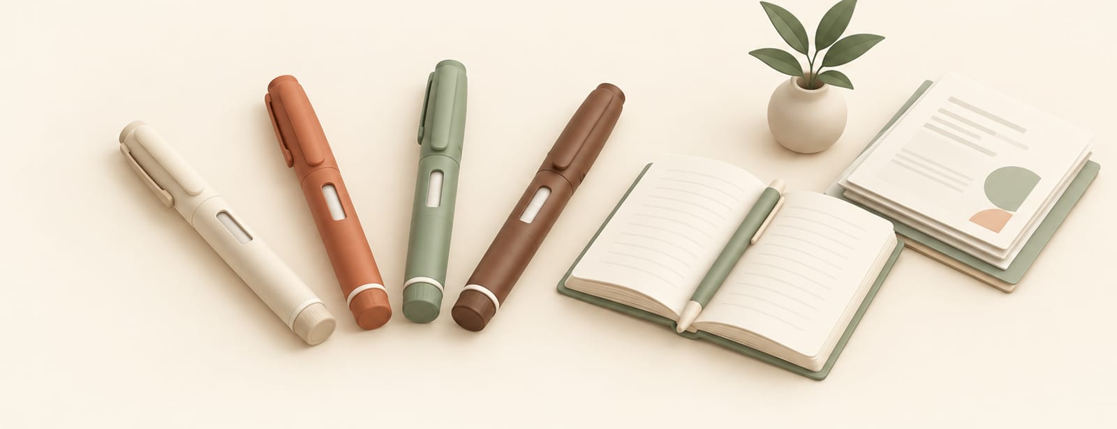 Four colored injection pens fanned out beside an open book and a small stack of documents.