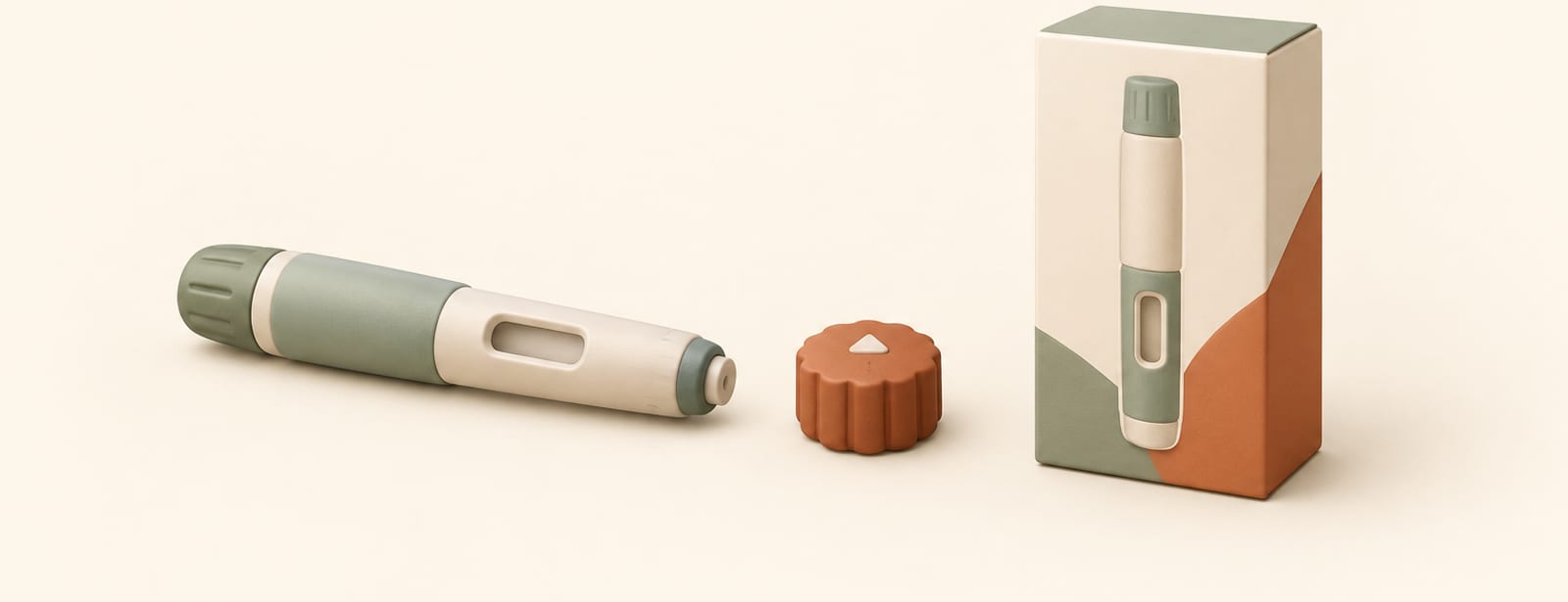 An empty injection pen beside a sealed new pen box and a dose-dial shape, symbolizing switching medications.