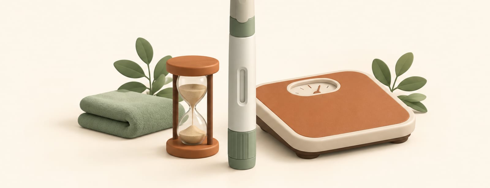 Clay-style still life of a weekly injection pen beside an hourglass and a bathroom scale, in cream, terracotta and sage tones.