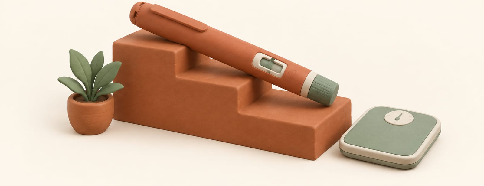 Isometric clay scene of an injection pen on a stepped dose ladder beside a small scale, representing maintenance dosing.