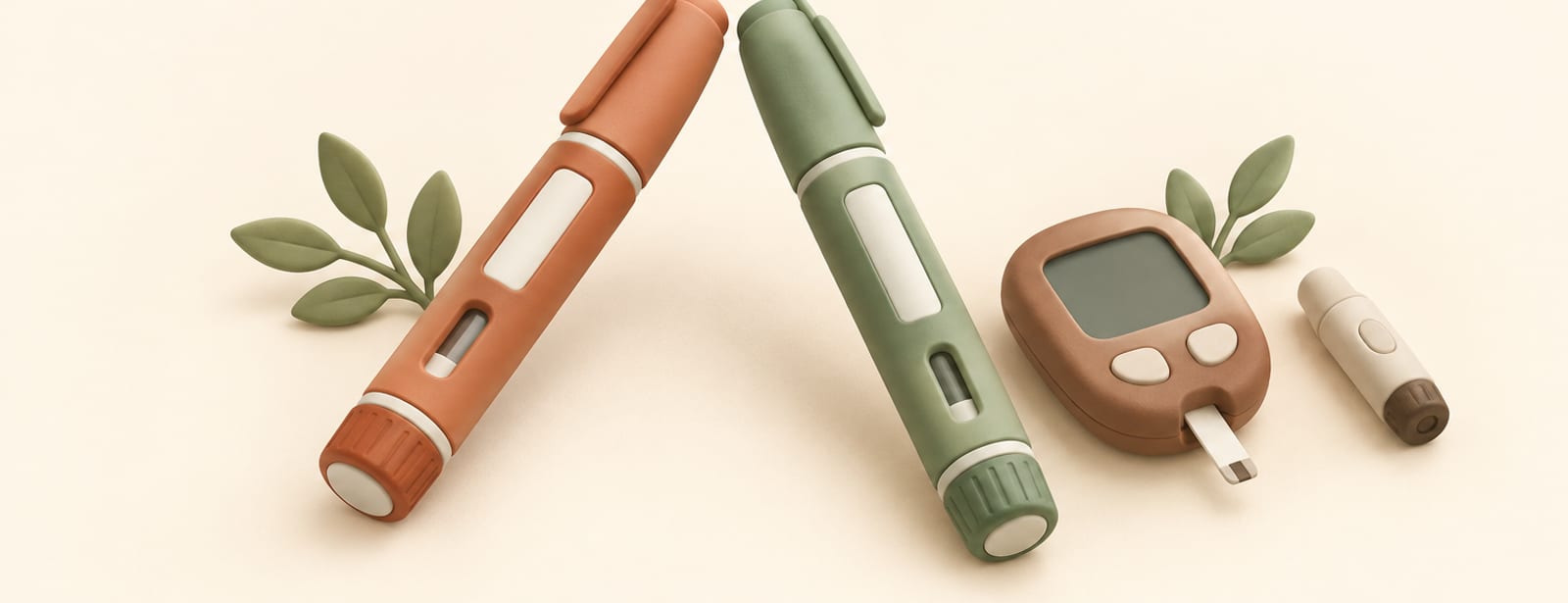 Two clay injection pens, terracotta and sage, beside a small glucose meter and lancet on a cream surface.