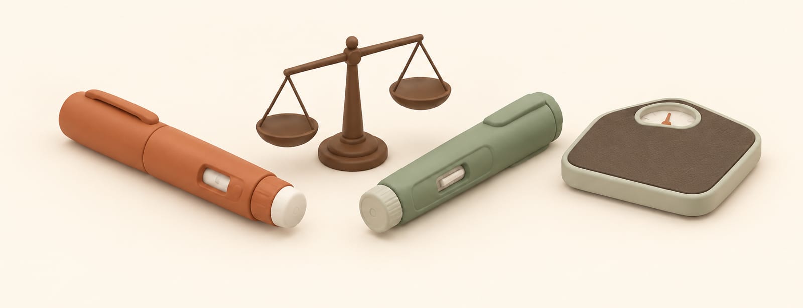 A terracotta weekly pen and a sage weekly pen on an uneven balance scale beside a bathroom scale, clay still life.