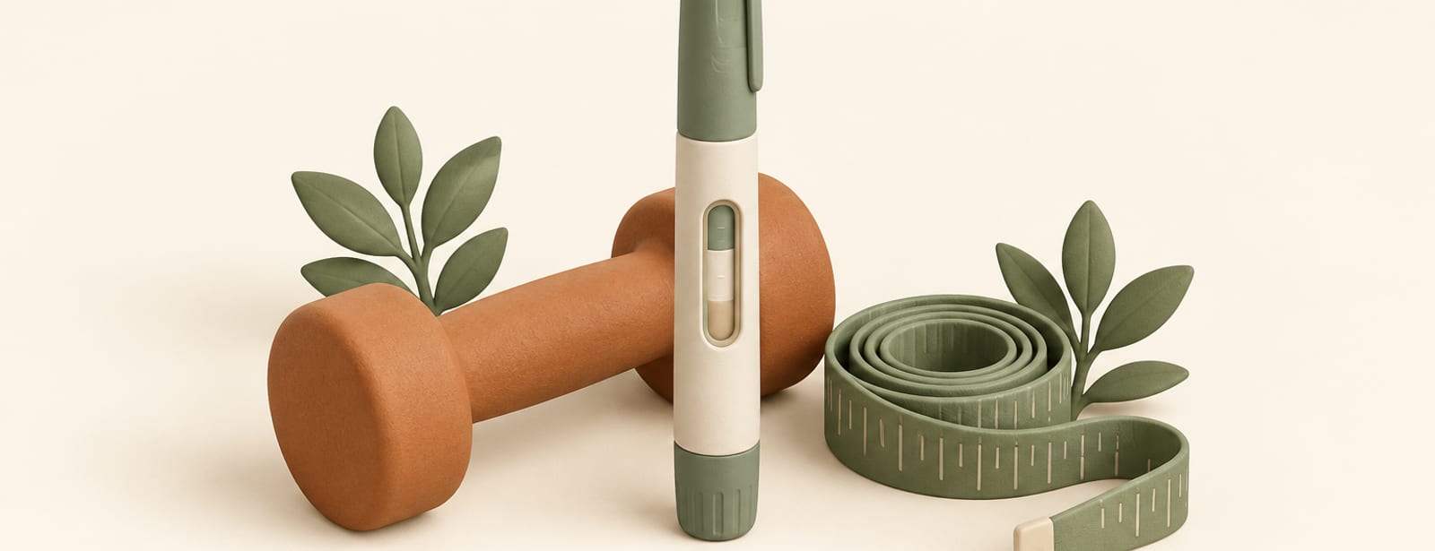 Isometric clay scene of a weekly injection pen, a small dumbbell, and a coiled tape measure on a cream surface.