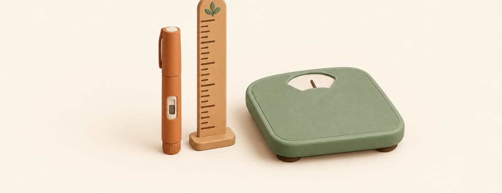 Small clay still life of an injection pen, a height ruler, and a small scale, in cream, terracotta and sage tones.