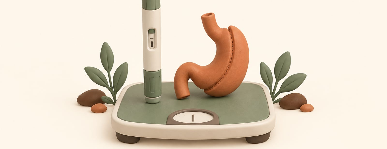 Isometric clay scene of an injection pen beside a sleeve-shaped stomach shape and a bathroom scale.