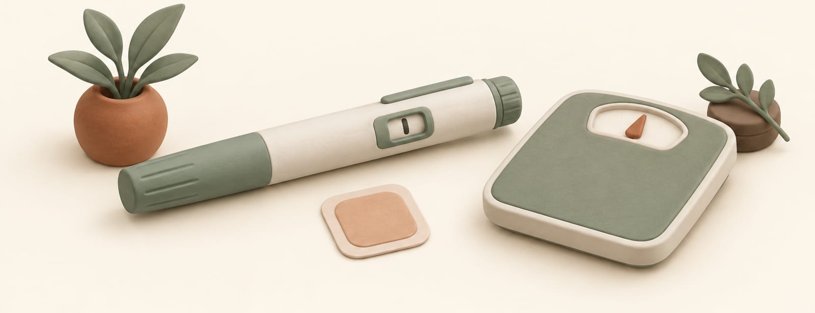 Clay-style still life of an injection pen, a hormone patch shape, and a bathroom scale on a cream surface.