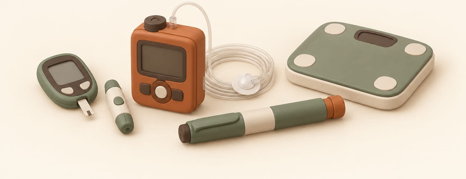 Clay still life of an insulin pump, an injection pen, a glucose meter and a small scale on a cream surface.