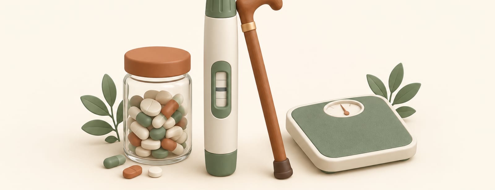 Isometric clay scene of an injection pen and a cane beside a small scale, in cream, terracotta and sage.