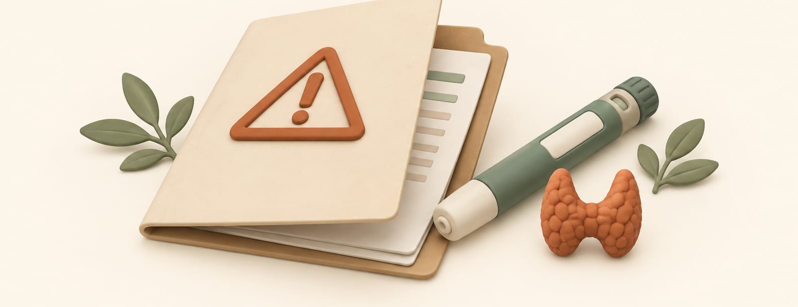 Isometric clay scene of an open document folder with a warning-triangle stamp, an injection pen, and a small thyroid-shaped clay piece.