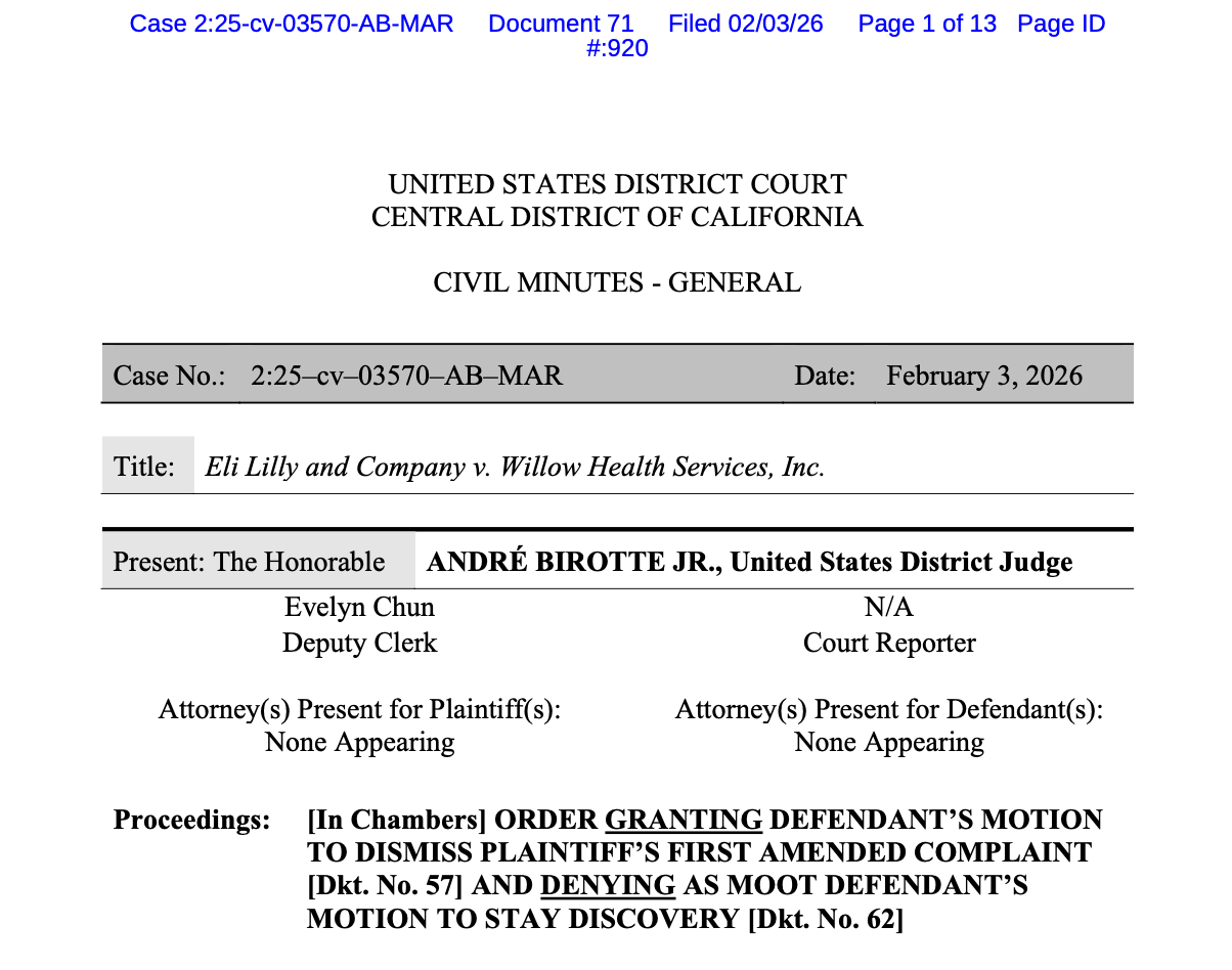 Judge dismisses Lilly's tirzepatide false-advertising suit against Willow Health