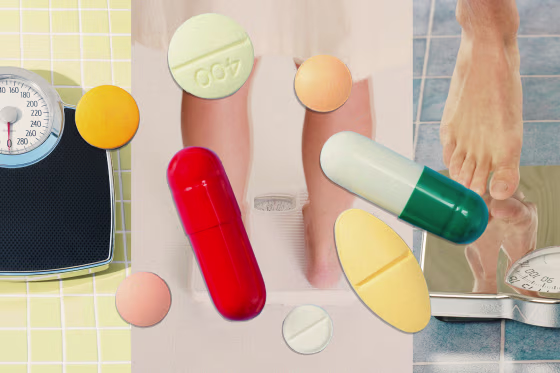 Photo illustration of scales and a variety of pills