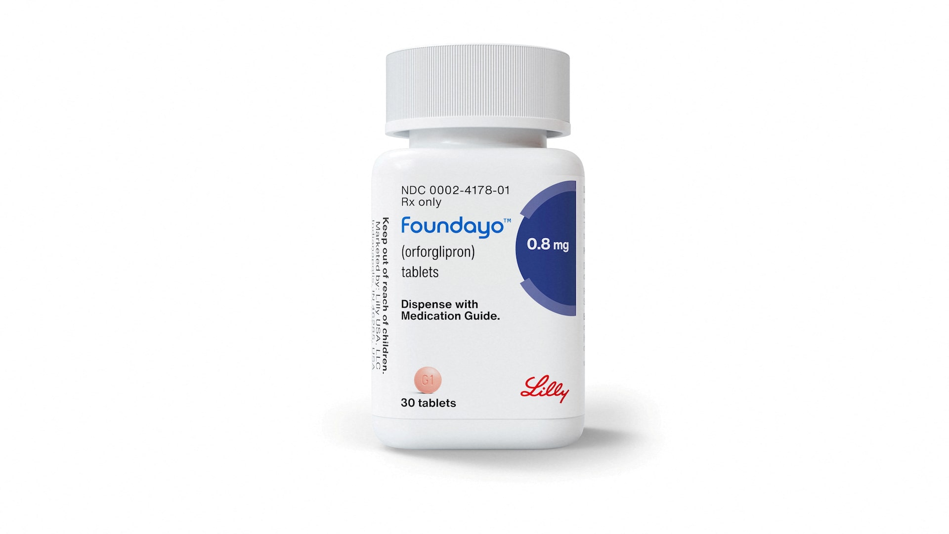 A bottle of Eli Lilly’s Foundayo weight-loss pills