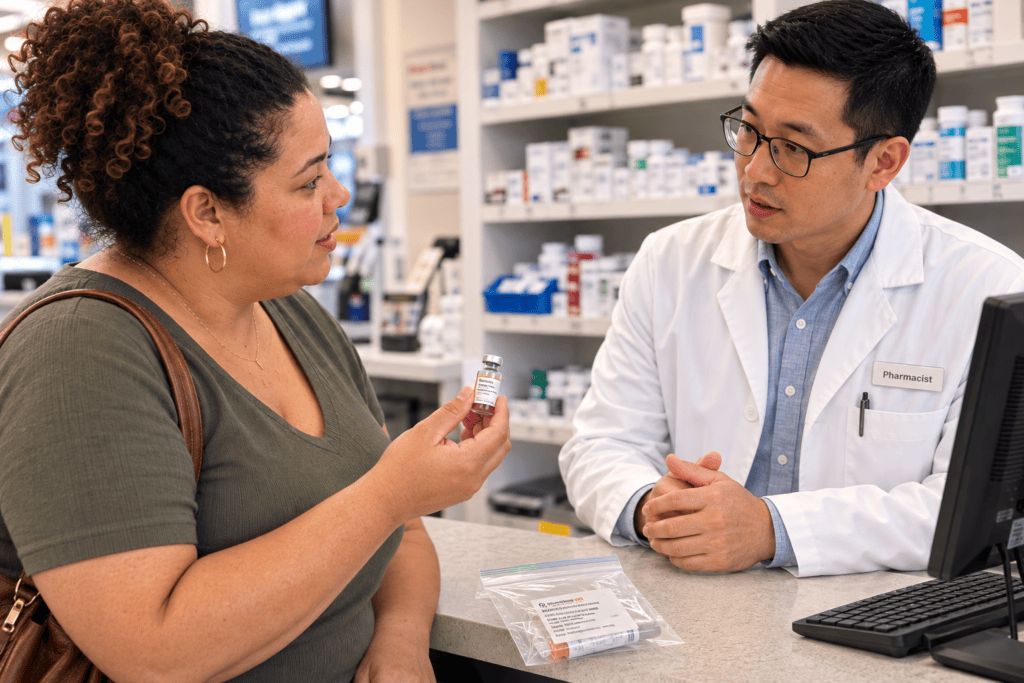 woman talking to pharmacist holding compounded semiglutide