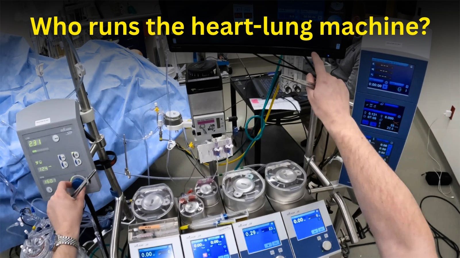 TheYouTubevideothumbnailwiththewords:Whorunstheheart-lungmachine?